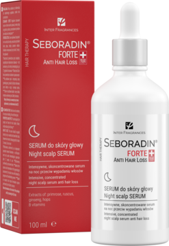 Nocne serum Seboradin Forte Anti Hair Loss 100ml: biała butelka z kroplomierzem obok czerwono-białego pudełka.