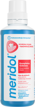 Biało-niebieska butelka płynu do płukania Meridol Complete Care, ochrona dziąseł i nadwrażliwość, widok z przodu.