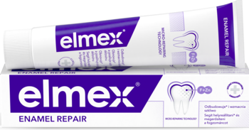 Pasta Elmex Enamel Repair: biała tubka z fioletem, widok pod kątem, obok płaskie pudełko, ochrona przed kwasami.