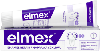 Pasta do zębów Elmex Enamel Repair w biało-fioletowej tubce i pudełku, widok pod kątem. Chroni szkliwo.