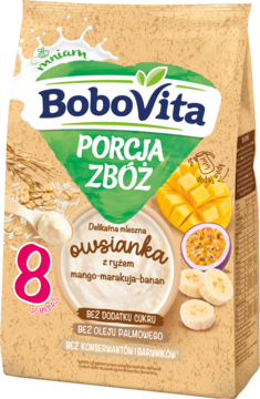 Beżowa torba BoboVita Porcja Zbóż, owsianka mleczna ryżowa mango-marakuja-banan, bez cukru, widok z przodu.