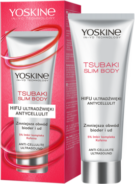 YOSKINE Tsubaki Slim Body koncentrat antycellulitowy HIFU, biała tubka i opakowanie w różowe akcenty.