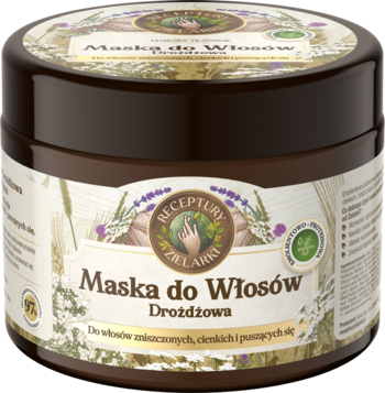 Naturalna Maska do Włosów Drożdżowa w brązowym słoiku, z etykietą z ziołowym wzorem, widok z góry.