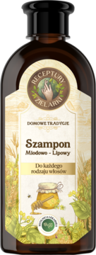 Naturalny szampon miodowo-lipowy Receptury Zielarki w brązowej butelce, z przodu etykieta z pszczołą.