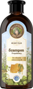 Szampon propolisowy Receptury Zielarki dla włosów zniszczonych w ciemnej butelce z roślinnym motywem.