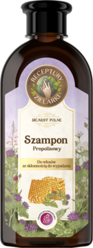 Szampon Receptury Zielarki Propolisowy, brązowa butelka z fioletową etykietą, widok z przodu. Do włosów wypadających.