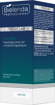 Granatowe pudełko Bielenda Professional Supremelab For Men nawilżający krem-żel, widok z przodu, zielony akcent.