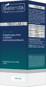 Bielenda Supremelab For Men: energizujący krem przeciwzmarszczkowy. Granatowe opakowanie, widok z przodu.
