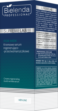 Bielenda SUPREMELAB FOR MEN, regenerujące serum, granatowe opakowanie z białymi napisami, widok z przodu.