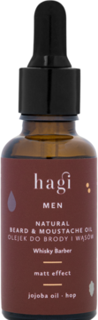 Hagi Men naturalny olejek do brody i wąsów, Whisky Barber, bursztynowa butelka, matowe wykończenie.