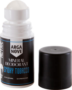 Arganove Mineral Deodorant Smoky Tobacco, czarna butelka roll-on z białym wieczkiem i oddzieloną czarną nakrętką.