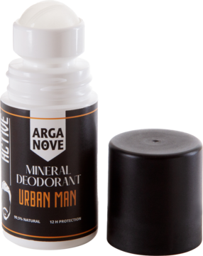 Arganove Mineral Deodorant Urban Man roll-on 12h, biała butelka z czarną etykietą, odkręcona nakrętka obok.