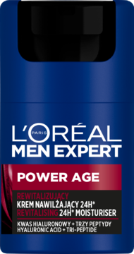 L'Oréal Men Expert Power Age rewitalizujący krem nawilżający z kwasem hialuronowym, niebieski słoiczek, widok z przodu.