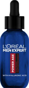 L'Oréal Men Expert Power Age Hyaluronic Multi-Action Serum, niebieska butelka z pipetą, widok z przodu.