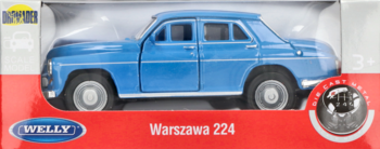 Niebieski model auta Welly Warszawa 224 w pudełku, widok z boku. Skala 1:34-1:39, otwierane drzwi.