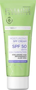 Eveline SPF 50 zielony krem nawilżający do twarzy z filtrami UVA/UVB, kwasem hialuronowym, widok z przodu.
