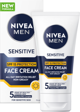 Nivea Men Sensitive SPF 15 Face Cream w białej tubce z pudełkiem. Chroni, nawilża i łagodzi podrażnienia skóry.