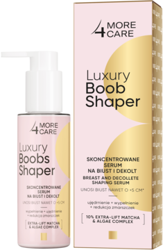 Serum 4 More Care Luxury Boob Shaper: różowa butelka z pompką, obok różowo-złote pudełko, widok z przodu.