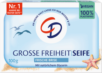 CD mydło w kostce Morska Bryza 100g, niebieskie opakowanie z mewami, napis Vegan, z gliceryną, 100% bez plastiku.