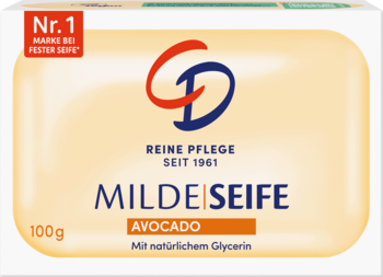 CD mydło w kostce Awokado 100g, kremowo-żółte, z dużym logo CD i napisem 'Milde Seife'. Widok frontalny.