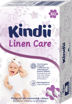 Białe opakowanie patyczków Kindii Linen Care, 60 szt., hipoalergiczne, z obrazkiem dziecka i tekstem.