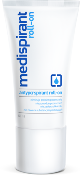 Biały tubkowy antyperspirant Medispirant roll-on 50 ml, z niebieskim napisem i ikoną kropli, widok z przodu.