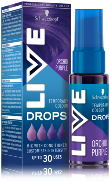 Fioletowe krople Schwarzkopf LIVE Colour Drops Orchid Purple do nietrwałej koloryzacji włosów, pudełko i butelka.