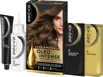 Zestaw SYOSS Oleo Intense 6-54 popielaty ciemny blond, bez amoniaku, z kremem koloryzującym, aktywatorem, szamponem i maską.