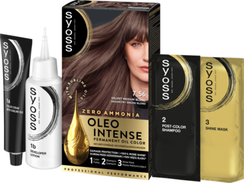 SYOSS Oleo Intense farba do włosów Średni Blond 7-56, zero amoniaku, zestaw z tubką, butelką i saszetkami.
