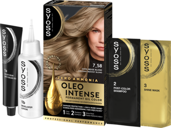 Zestaw farby SYOSS Oleo Intense 7.58 Chłodny Beżowy Blond bez amoniaku, z pudełkiem i akcesoriami, widok z przodu.