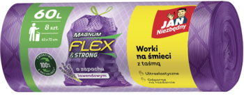 Fioletowe worki na śmieci Jan Niezbędny 60L z taśmą, 8 szt., o zapachu lawendy, widok z przodu.