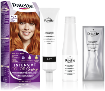 Opakowanie Palette Intensive Color Creme 7-77 Intensywna Miedź, obok tuba, butelka i saszetka produktu.