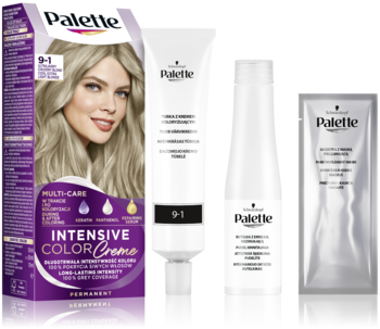 Farba Schwarzkopf Palette 9-1 Ultrajasny Chłodny Blond, zestaw: pudełko, tubka kremu, butelka, saszetka.