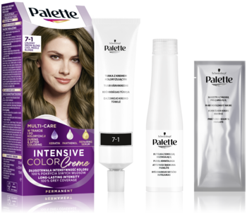 Zestaw do włosów Palette Intensive Color Creme 7-1: fioletowe pudełko z modelką, tubka, butelka, saszetka.