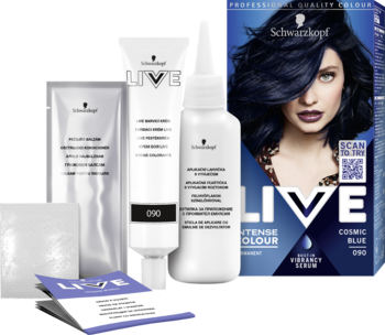 Zestaw farby Schwarzkopf LIVE Intense Colour 090 Cosmic Blue: niebieskie opakowanie z modelem, tubki.