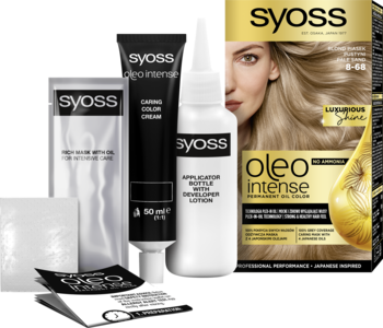 Komplet farby Syoss Oleo Intense 8-68 Blond Piasek Pustyni: pudełko, tubka, butelka z aplikatorem.