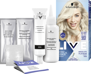 Zestaw Schwarzkopf LIVE Intense Bleach 00A Absolute Platinum rozjaśniacz, z opakowaniem z modelką i komponentami.