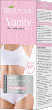 Bielenda Vanity Pro Express Pink Aloe krem do depilacji, skóra wrażlliwa, 4 min. Różowo-szare opakowanie z torssem kobiety, widok z przodu.