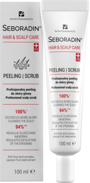 Seboradin Peeling do skóry głowy i włosów w białej tubce 100ml z czerwonym napisem, widok z przodu z pudełkiem.