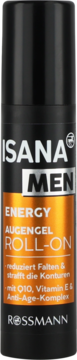 Isana Men Energy Roll-On, żel pod oczy w kulce, czarna butelka z pomarańczową etykietą, widok z przodu.