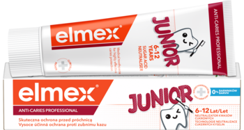 Dwie biało-czerwone tubki elmex Anti-Caries Professional Junior pasty do zębów dla dzieci, jedna leżąca, druga stojąca.