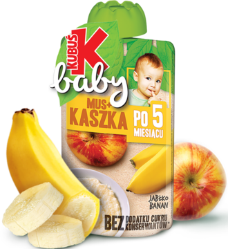 Opakowanie Kubuś Baby Mus+Kaszka jabłko-banan, kaszka ryżowa dla niemowląt po 5. miesiącu, z owocami.