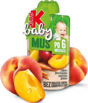 Zielona saszetka musu Kubuś baby (po 6m) jabłko, brzoskwinia, marchew, banan, otoczona owocami, bez cukru.