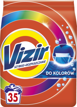 Vizir Color proszek do prania, pomarańczowe opakowanie z tęczowym wzorem i koszulką, 35 prań, widok z przodu.