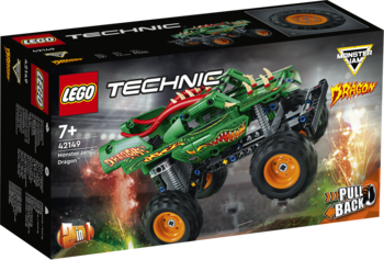 Pudełko LEGO Technic Monster Jam Dragon Truck 42149. Zielony monster truck z ognistymi detalami na tle areny.
