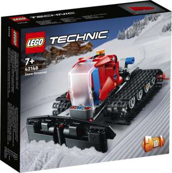 Pudełko LEGO Technic 42148 Ratrak 2w1, czerwono-niebieski pojazd z pługiem i gąsienicami, na zaśnieżonym stoku.