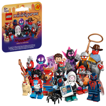LEGO Minifigures Spider-Man: opakowanie i 12 figurek w różnych kostiumach na kolorowym tle.
