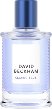 David Beckham Classic Blue woda toaletowa, elegancki szklany flakon z niebieskim płynem i metaliczną nakrętką, widok z przodu.