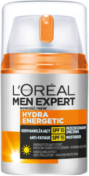 L'Oréal Men Expert Hydra Energetic, szara butelka z pompką SPF15, nawilżający krem przeciw zmęczeniu dla mężczyzn.
