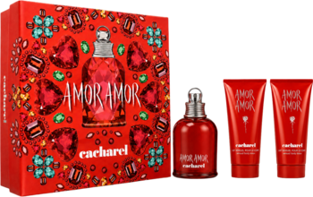 Cacharel Amor Amor zestaw: czerwona woda toaletowa 50ml i dwa balsamy 50ml, obok ozdobnego pudełka.